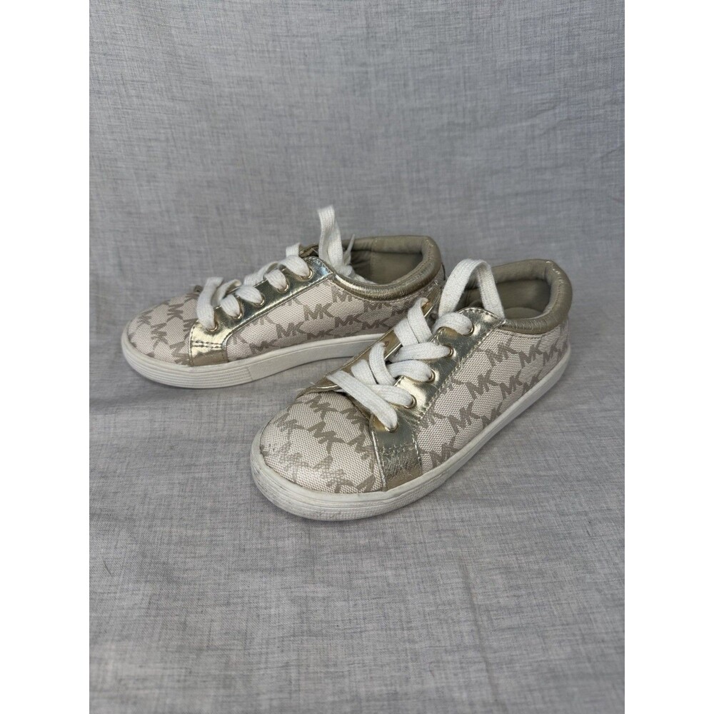 Michael Kors Girls Tan Logo W/ Gold Trim Platform Lace-Up Sneakers Sz 2